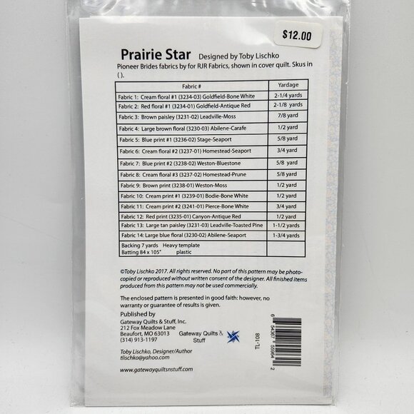 Quilts Stuff Prairie Star Quilt Pattern Toby Lischko 78in X 99in Gateway TL108 - Picture 2 of 2